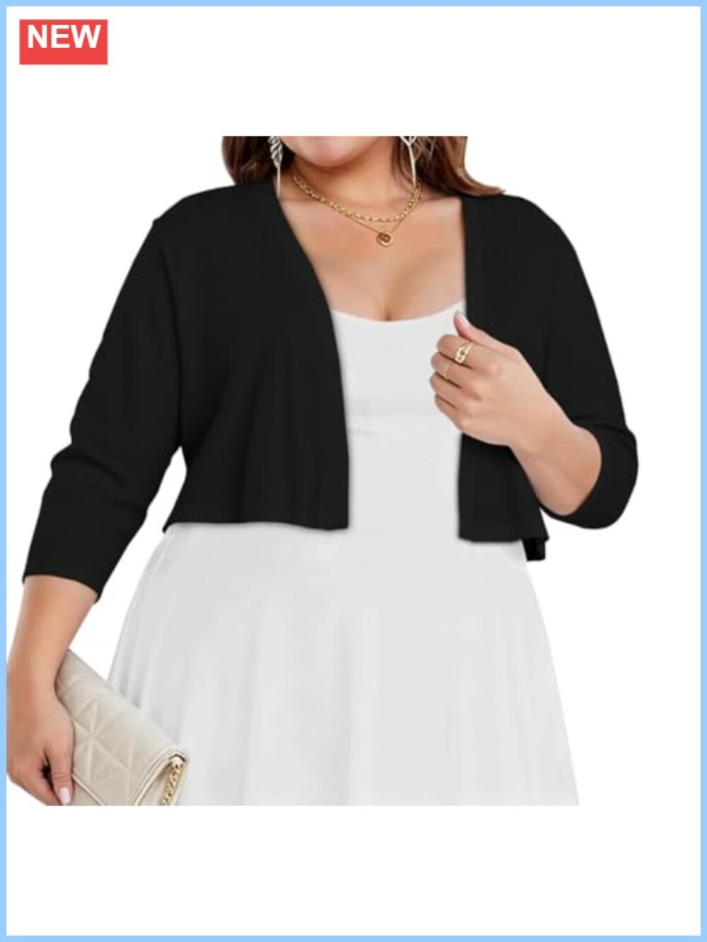 Plus Size Cropped Shrug 3/4 Sleeve Open Front Knit Bolero Cardigan